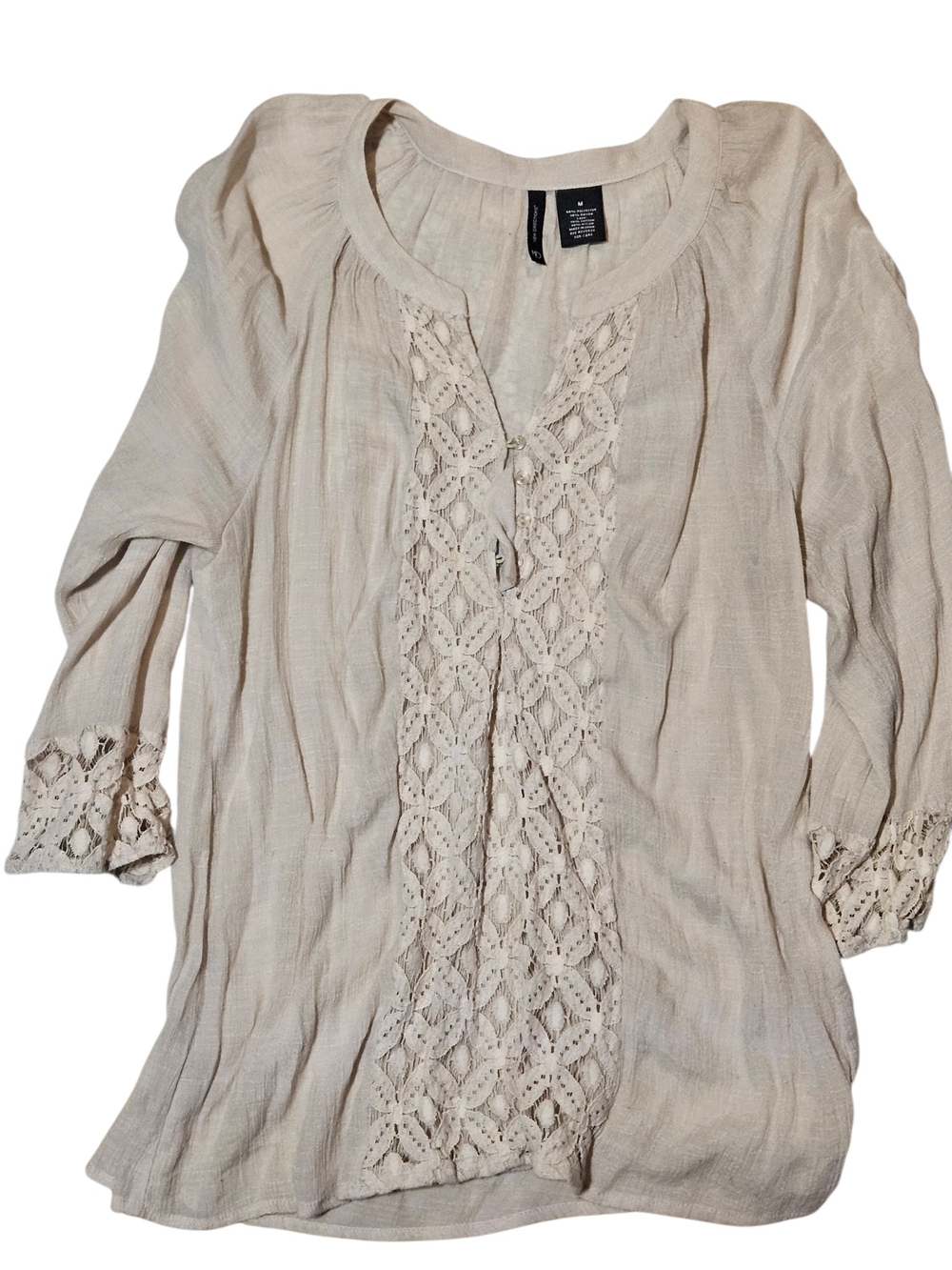 H&M Beige Crochet-Front Peasant Top